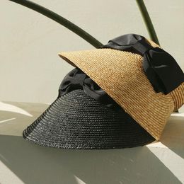 Wide Brim Hats Women Summer UV CUT Empty Top Big Eaves Sun Hat Hair Band Cap Black Bow Nature Seaside Vacation Sunscreen Beach