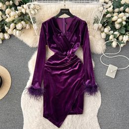 Basic Casual DressesVintage Autumn Winter Velvet Purple Party Dress New Elegant Women Feather Long Sleeve V Neck Bodycon Irregular Mini Clothes 2024