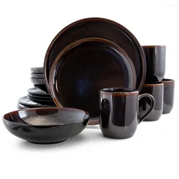 Plates Elama Midnight Beach 16 Pieces Round Stoare Dinnerware Set In Metallic Black The Beautiful Sheet Metal Suit Is Both Elegant