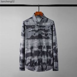 Men's Casual Shirts 2022 Summer Silk Shirt Men Long Sleeve Slim Casual Shirt Fashion Print Business Formal Dress Shirts Social Party Tuxedo Blouse W0410