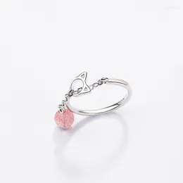 Cluster Rings Korean Pink Strawberry Crystal Bell Moonstone Silver Colour Temperament Resizable Opening Ring For Women Luxury Jewellery SRI204