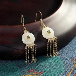 Dangle Earrings Pure Silver Gold-plated Hetian Jade White Inlay Peace Buckle Tassel Female High-end