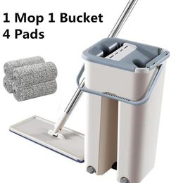 New Floor Mop Set Automatic Mop And Bucket Avoid Hand Washing Microfiber Cleaning Cloth Flat Squeeze Magic Wooden Floor Lazy Mop T300m