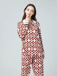 Women's Sleepwear TXii Look 2023 Home Clothes Long Sleeve Ice Silk Red And White Rhomboid Five-petal Pants Pajamas Suit