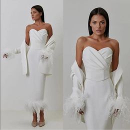 Little White Dress slim Fit Prom Dresses with Long Sleeve Jacket Ostrich Feather Stain Evening Straight Skirt gown