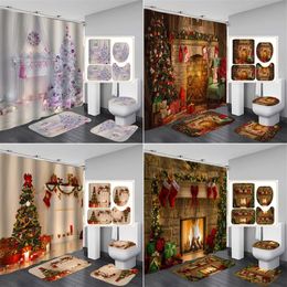 Christmas Trees Fireplace 3D Shower Curtain Bath Mats Toilet Rugs Anti-slip Carpet Festival Decor Merry Christmas Bathroom Set F12306c