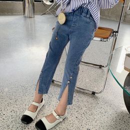 Jeans Children's Split Girls Love Slim Pants 2023 Spring Autumn Korean Style Fashion Kids Elastic Waist Denim Trousers