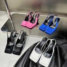 Shining Women Sandals Square Toe Summer Dress Shoes Thin High Heels Black Blue Pink White Elastic Back Strap Party Pumps Shoes 230411