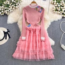 Basic Casual Dresses Temperament Pink Knitted Patchwork Mesh Cake Dress Autumn Women O Neck Embroidery Flowers Ruffles Fake Two Piece Midi Vestidos 2024