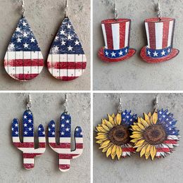 Dangle Chandelier Popular American Independence Day Earrings Star Hat Sunflower Earrings American Flag Cactus Wooden Western Ear Ring Z0411