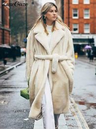 Womens Fur Faux Furry Long Coat Women With Belt Thickened Warm Turndown Collar Female Plush Jacket Autumn Winter Fashion Lady Overcoat 231110