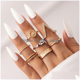 Cluster Rings Ins Trendy Flowers Bow-Knot Joint Ring Sets Hollow Geometry Alloy Metal Rhinestone Adjustable Jewellery Drop Del Dhgarden Dh0Mk