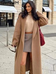 Womens Wool Blends Retro Khaki Lapel Loose Oversized Women Long Coat Open Front Sleeve With Belt Female Jacket Autumn Winter Chic Casual Tops 231110