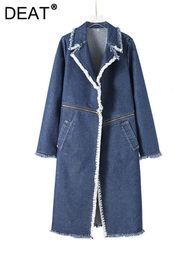 Women s Trench Coats DEAT Denim Coat Patchwork Zipper Burrs Edge Long Sleeve Lapel Straight Windbreak 2023 Autumn Fashion 29L5181 231110