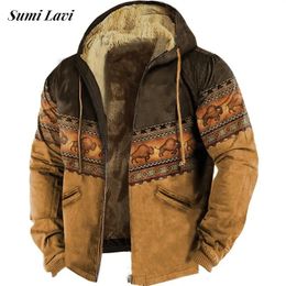 Men's Jackets Vintage Ethnic Style Graphic Jackets Mens Winter Warm Wool Liner Coats Streetwear Fashion Drawstring Hooded Jacket Coat For Men 231110