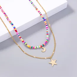 Pendant Necklaces HWJQ Colour Soft Terracotta Bohemian Double Layer Personality Glossy Star Moon Necklace 11g 38cm 45cm Gifts For Women