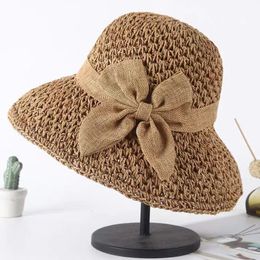 Stingy Brim Hats Summer BowKnot Sun Straw Hat Wide Brim Floppy Bohemia Beach Straw Sunshade Hats For Womens Dome Shade Bow Bucket Hat Femme 230411