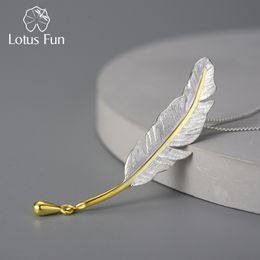 Strands Strings Lotus Fun Vintage Long Goose Feather Pendant Original 925 Sterling Silver Chains and Necklaces for Women Luxury Fine Jewellery 230411