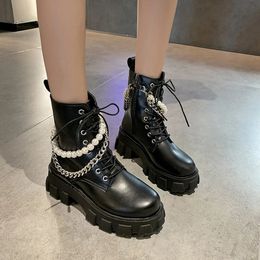 Boot's Ankle Boots Autumn 2023 Fashion PU Leather Pearl Chain Platform Black Booties Punk British Style Casual Shoes For Ladies 231110
