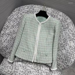 Women's Jackets Fashion High Quality Mint-Green Open Stitch Tweed Jacket For Women Contrast Braid Edge O-Neck Long Sleeve Elegant Coats Lady