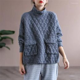 Women's Hoodies Retro Diamond Quilted Jacket Top Casual Warm Cotton High Neck Sweatshirt Loose Edge Autumn And Winter