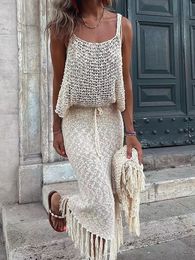 Two Piece Dress Knitted Camisole Blouse Tassel Skirts Set Sexy See Through Summer Mesh Beach Suits Hollow Out Sling Tops 230410