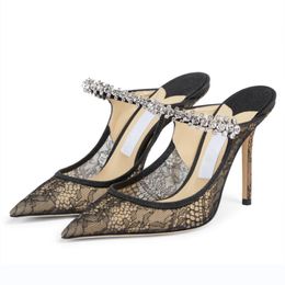 Sandali da donna alla moda Décolleté London Bing Ciabatte da 100 mm in tulle glitterato Italia Famose punte a punta Slingback Cinturino alla caviglia in cristallo Designer Sandalo Tacchi alti Box EU 35-43