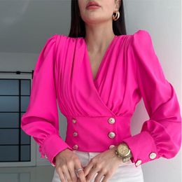 Women's Blouses Sexy Deep V-neck Chiffon Shirt Blouse Women Office Lady Puff Sleeve Solid Shirts For 2023 White Casual Crop Top Femme