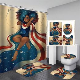 Shower Curtains Cute Star Hair American Wearing Cloak Girl Bathroom Anti-skid Rugs Toilet Lid Cover Bath Mat Set Home Decor238S