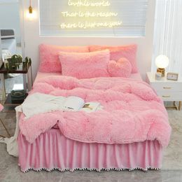 Bedding sets Luxury Pure Colour Plush Shaggy Warm Fleece Girl Bedding Set Mink Velvet Double Duvet Cover Set Bed Skirt Pillowcase Home Textile 231110