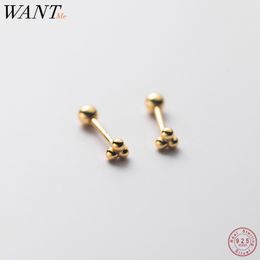 Stud WANTME 925 Sterling Silver Minimalist Three Beads Statement Gold Screw Stud Earrings for Women Ear Bone Fashion Piercing Jewellery 230410