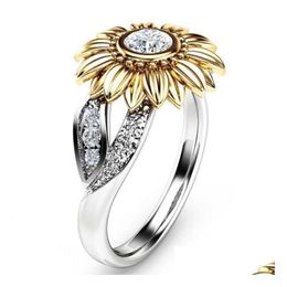 Fashion Sunflower Crystal Rings Diamond Ring Jewellery Femme Bague Wedding Ringss For Women Nice Gifts Birthday Party Accessories Drop D Dhbtj