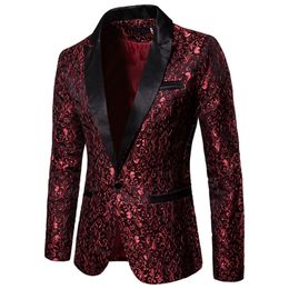 Men's Suits Blazers Gold Jacquard Bronzing Floral Blazer Suit Mens Single Button Blazer Jacket Wedding Dress Party Stage Singer Costume 231110