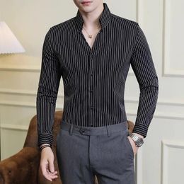 Men's Casual Shirts Plus Size V-Neck Striped Shirt Men Streetwear Long Sleeved Business Male Dress Brand Slim Fit Korean Mens Clothing