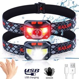 Head lamps 8 Modes Motion Sensor XPE&COB LED Headlamp Flashlight USB Rechargeable Waterproof Camping Head lamp Running Fishing headlight P230411