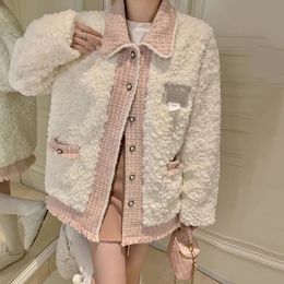 Womens Fur Faux Autumn Winter Tweed Patchwork Lambswool Jacket Coat Elegant Loose Casual Single Breasted Outerwears Tops Female 231110