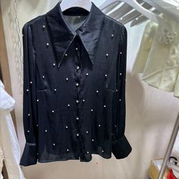 Women's Blouses 2023 Spring Black Shirts And Blouse For Womens Commuter's All-Match Simple Handmade Rhinestone Glossy Top Blusas Long