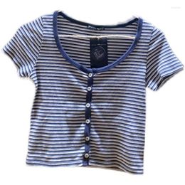 Women's T Shirts Stripe Knitted Top Style High Waist Short Sleeve Cardigan T-shirt Women Clothes Crop Tops Y2k Shirt For