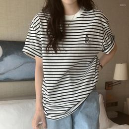 Women's T Shirts 2023 Summer Women Tops Harajuku Korean Fashion Personality Vintage Sweet Kawaii Cartoon Embroidered Bear Striped T-shirt