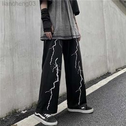 Men's Pants casual pants Men summer new loose straight lightning print vintage sweatpants high street Men's trousers -size male clothing W0411