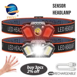 Head lamps Sensor Headlamp Super Bright Headlight Usb Recharge Fishing Headlamp Mini Led Head Lantern 5 Modes Light Camping Head Flashlight P230411