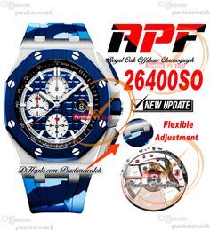 APF 44mm 26400SO A3126 Automatic Chronograph Mens Watch Silver Index Blue Ceramic Bezel Camouflage Rubber Exclusive Technology Super Version Puretimewatch B2