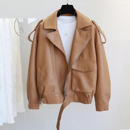 Women's Leather Spring Autumn PU Faux Jacket Women Loose Causal Moto Biker Coats Female Zipper Brown Oversized Outwear