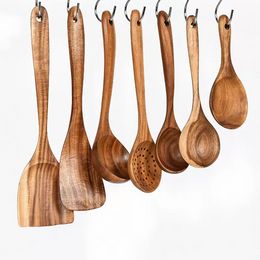 Teak Wood Tableware Spoon Colander Long Handle Wooden Non-Stick Special Cooking Spatula Kitchen Tool Utensils Kitchenware Gift DBC E0411