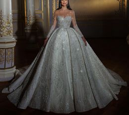 Sparkly Ball Gown Wedding Dresses V Neck Long Sleeves Sequins Appliques Beaded Floor Length Ruffles 3D Lace Diamonds Zipper Bridal Gowns Plus Size Vestido de novia