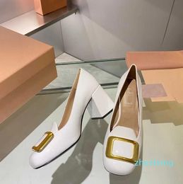 2023-Fashion Thick Heel Square Buckle Single Shoes High Heel Round Head Shallow