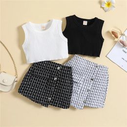 Clothing Sets Summer Toddler Girls Clothes Kids Solid Sleeveless Ribbed Vest Irregular Button Skirt Children Outfits Baby