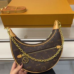 Old Flower Women Designer Half Moon Loop Bag with Coin Charm Gold Zipper Metal Chain Removable Leather Strap 25cm Lovely Luxury Cross Body Shoulder Handbag Purse