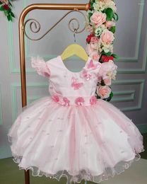 Girl Dresses Princess Flower For Wedding Light Pink 3d Butterfly Bow Pearl Kids Ball Gowns Floor Length First Communion Wear