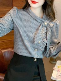 Women's Blouses 2023 Spring Autumn Palid Round Neck Bow Long Sleeve Button Blouse Women Fashion Jacquard Weave All-match
